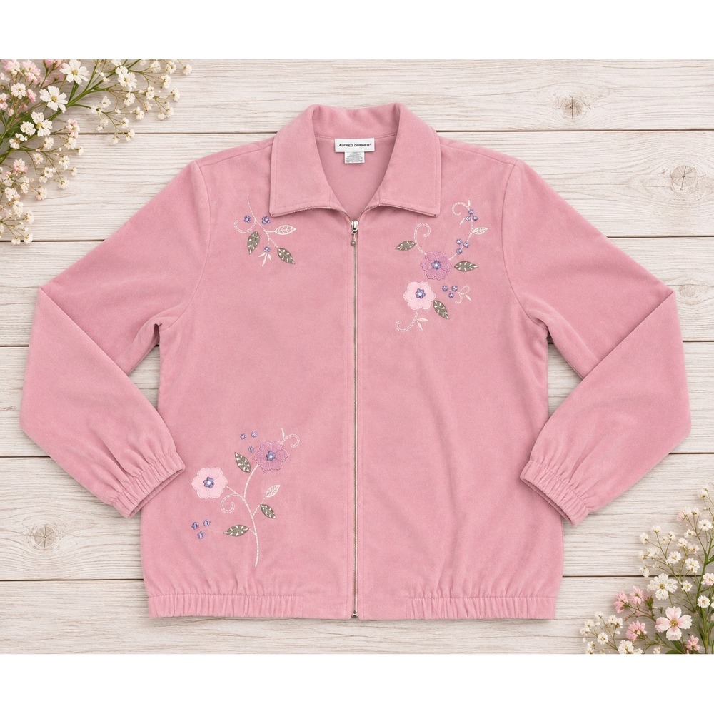 Alfred Dunner Floral Embroidered Zip Up Jacket  Grandmacore Cottagecore Size 12